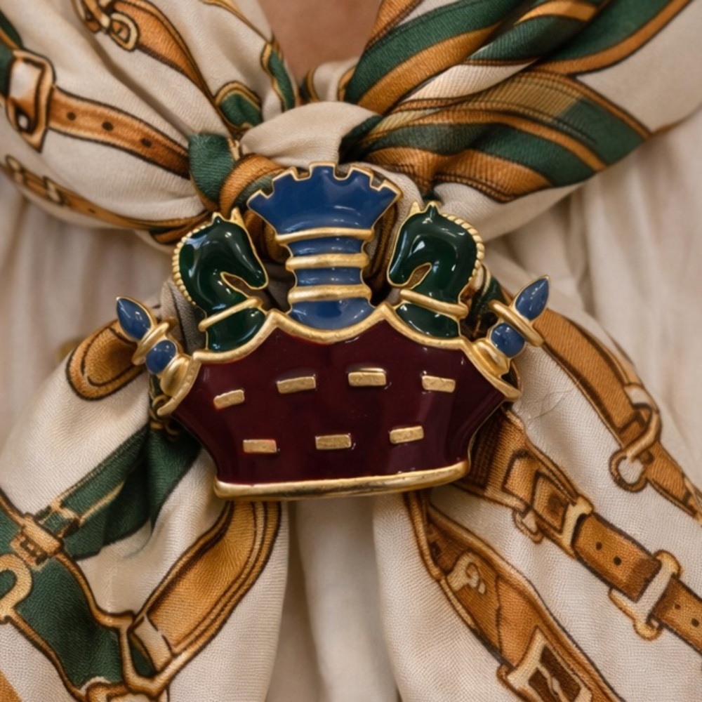 Vintage MJENT Chess Brooch 1970s Enamel Castle Knight Pin